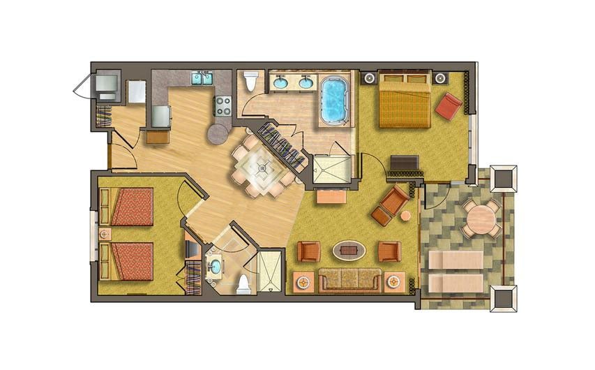 Two-Bedroom Floor Plan at Kohala Suites in Waikoloa, Hawaii